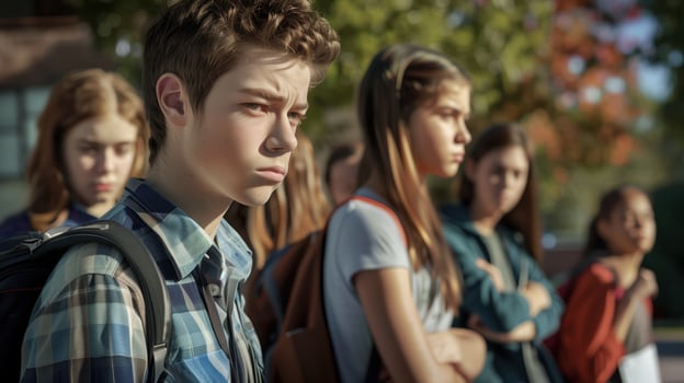 Gloomy Group of Teens In School Yard Expressing Concerns and Emotions photo