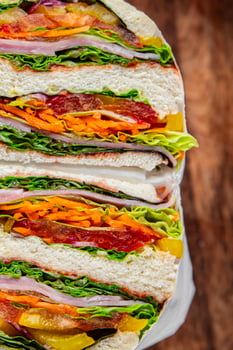 sandwich layers vegetables and ham meat spam fresh meal food snack on the table copy space food background rustic top view photo