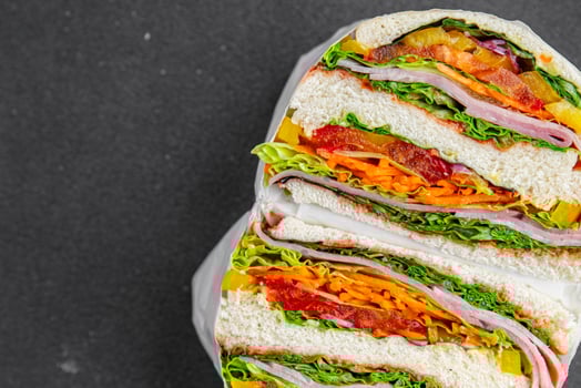 sandwich layers vegetables and ham meat spam fresh meal food snack on the table copy space food background rustic top view photo
