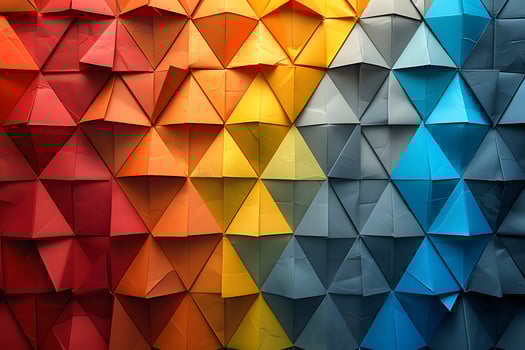 Abstract Geometric Paper Art with Vibrant Red, Orange, Yellow, Gray, and Blue Origami Triangles - Modern Wall Design photo