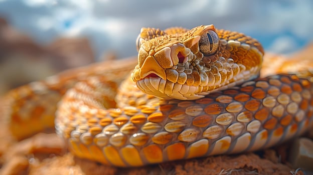 Close Up of a Yellow and Orange Snake with Scales photo