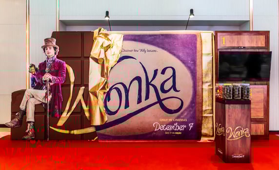 Bangkok, Thailand, December 9, 2023, View of Standee musical fantasy movie Wonka displays at the theater. It is a story of Willy Wonka from a novel Charlie and the Chocolate Factory by Roald Dahl photo
