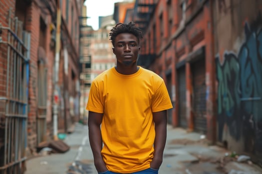 Urban Portrait of Young Man in Yellow T-Shirt Standing in Graffiti Alleyway photo