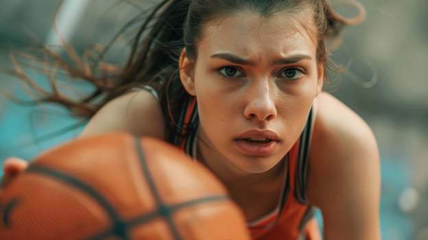 Focused Woman Basketball Player Holding Ball During Intense Game photo