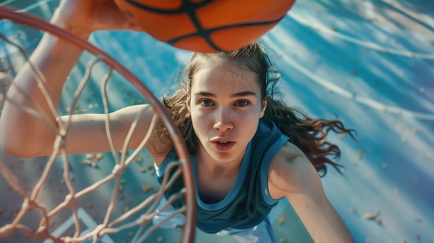 Young Female Basketball Player Shooting Hoop in Outdoor Game photo