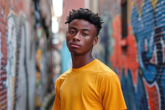 Candid Photo of a Young Man in a Yellow Shirt Standing in a Vibrant Urban Alleyway with Graffiti