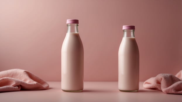 Creative pink bottle of milk on soft pink background Close-up Creative milk bottle packaging idea. photo