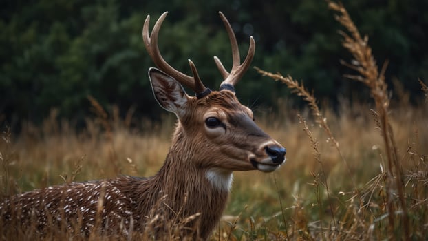 A tight shot of a deer's head amidst a sea of tall grasses Background populated by towering blades. photo
