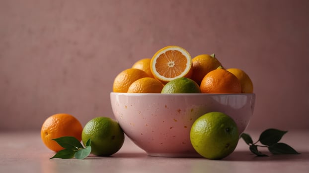 Bowl of fresh citrus fruits on pink background. photo
