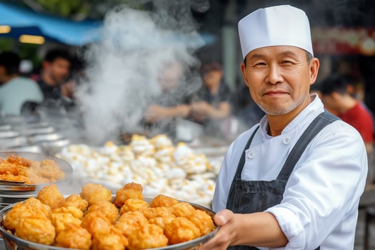 A street vendor expertly steams a variety of Asian delicacies, enveloping the bustling market in tempting aromatic clouds photo