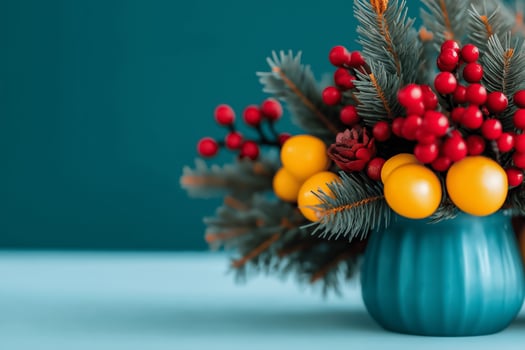 Coastal themed Christmas and New Year celebrations captured in the color palette of deep blue, vibrant red, pale yellow, and seafoam green photo