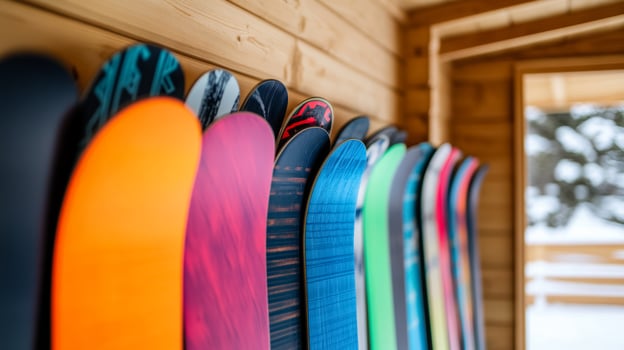 Snowboards neatly organized inside a rental cabin bright and bold patterns wooden interior people selecting gear ready for a day on the slopes crisp winter scene photo