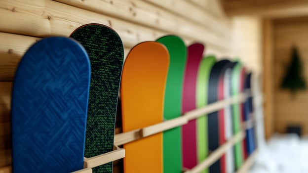 Snowboards neatly organized inside a rental cabin bright and bold patterns wooden interior people selecting gear ready for a day on the slopes crisp winter scene photo