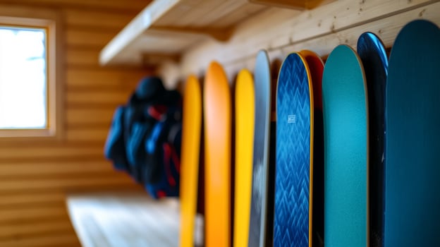 Snowboards neatly organized inside a rental cabin bright and bold patterns wooden interior people selecting gear ready for a day on the slopes crisp winter scene photo