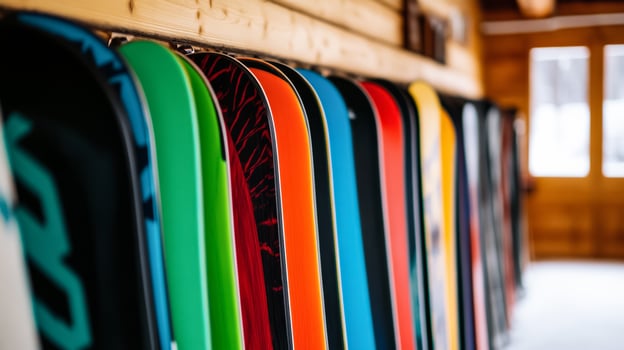 Snowboards neatly organized inside a rental cabin bright and bold patterns wooden interior people selecting gear ready for a day on the slopes crisp winter scene photo