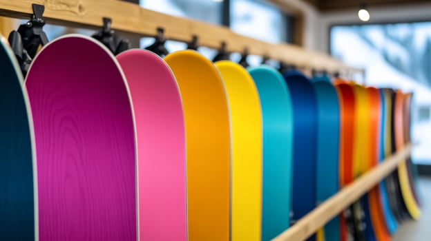 Vibrant snowboard rental shop at a ski resort rows of colorful boards neatly lined up racks filled with gear snow covered mountains visible through the window bustling winter energy photo
