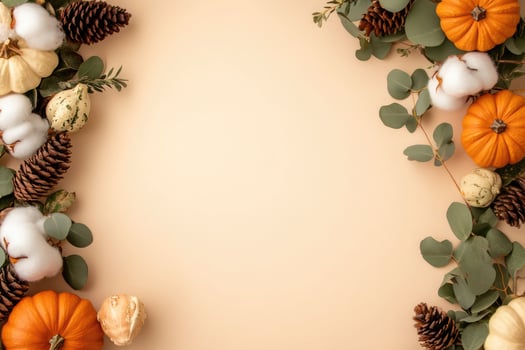 Autumn harvest arrangement with pumpkins, cotton, pinecones, and eucalyptus on a soft background in a warm seasonal display photo