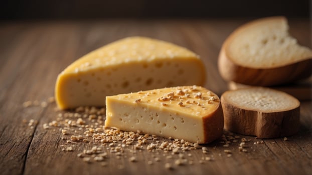 Cheese on Rustic Wooden Board with Crumbs. photo