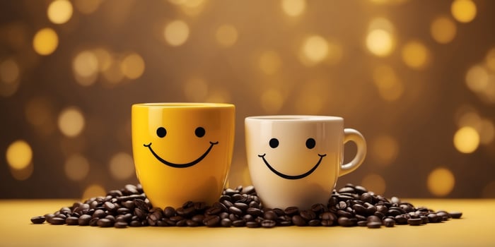 Smile look made from two cups of coffee and coffee beans on yellow background. photo
