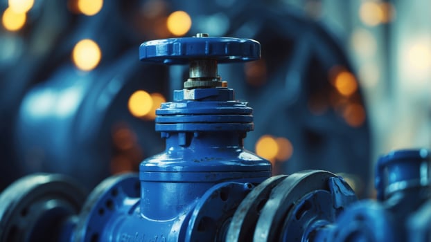 Close-Up View of a Blue Industrial Valve with a Wheel. photo