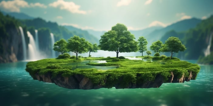 Flying green forest land with lake and waterfalls Floating island. photo