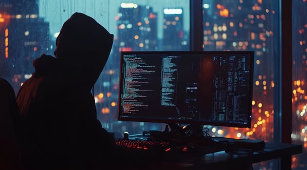 A mysterious hacker, cloaked in shadow, focuses on a glowing screen at a cluttered desk. Outside, vibrant city lights reflect modern themes of data, technology, and cyberspace in our evolving world photo