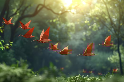 Origami Cranes in Flight During Sunrise in Serene Forest - Nature Inspired Art for Posters and Cards photo