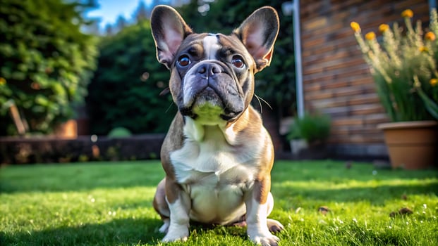 Cute French Bulldog Sitting on a Grassy Lawn, Looking Up With a Curious Expression photo