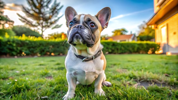 Cute French Bulldog Sitting on a Grassy Lawn, Looking Up With a Curious Expression photo