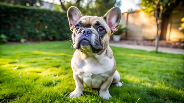 Cute French Bulldog Sitting on a Grassy Lawn, Looking Up With a Curious Expression photo