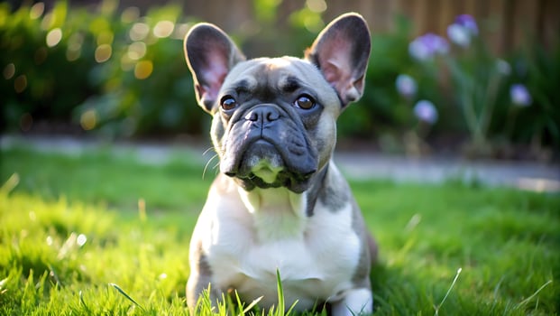Cute French Bulldog Sitting on a Grassy Lawn, Looking Up With a Curious Expression photo