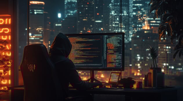 A focused hacker, wearing a hoodie, diligently works at a computer, surrounded by impressive lines of code and extensive big data analysis, with a lively city skyline illuminated at night behind them photo
