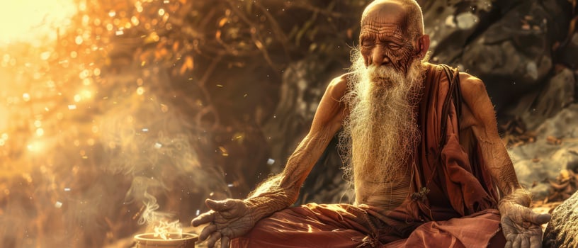 Elderly Man Meditating in the Warm Sunset Light photo