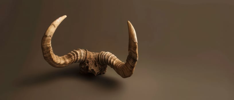 Closeup of a Curved Animal Skull With Large Horns on a Brown Background photo