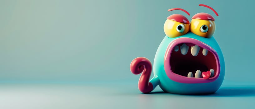 Playful Blue Monster With Red Eyebrows and Open Mouth on Blue Background photo