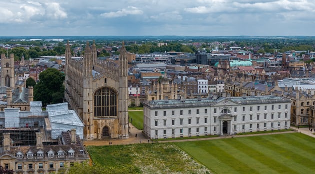 Aerial view of the old town of Cambridge. Beautiful Kings College Chapel in the center of Cambridge, Cambridgeshire, England. photo