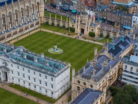 Aerial view of the old town of Cambridge. Beautiful Kings College Chapel in the center of Cambridge, Cambridgeshire, England. photo