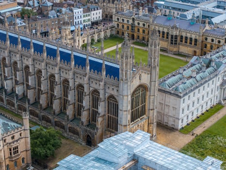 Aerial view of the old town of Cambridge. Beautiful Kings College Chapel in the center of Cambridge, Cambridgeshire, England. photo