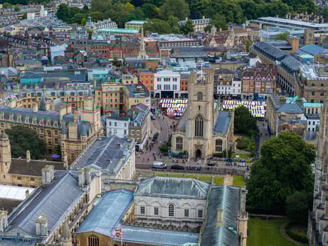 Aerial view of the old town of Cambridge. Beautiful Kings College Chapel in the center of Cambridge, Cambridgeshire, England. photo