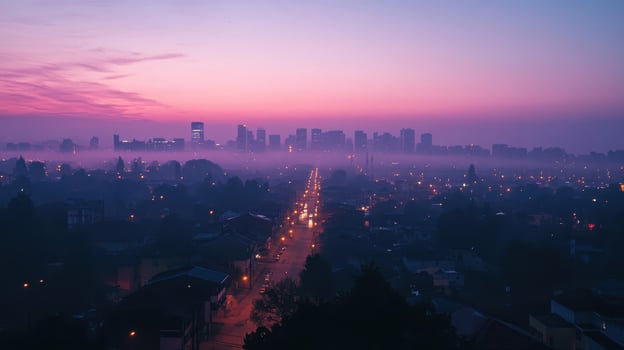 A serene cityscape at dawn with fog and streetlights illuminating the path photo