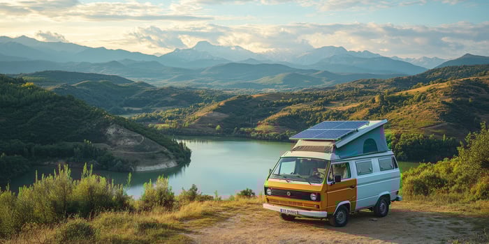 A beautiful campervan peacefully resting beside a stunning and tranquil lake, fully equipped with a solar panel, perfectly illustrating the essence of sustainable travel and ecofriendly adventures photo