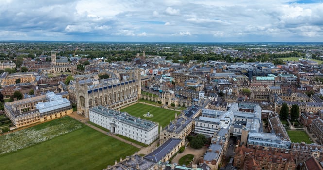 Aerial view of the old town of Cambridge. Beautiful Kings College Chapel in the center of Cambridge, Cambridgeshire, England. photo
