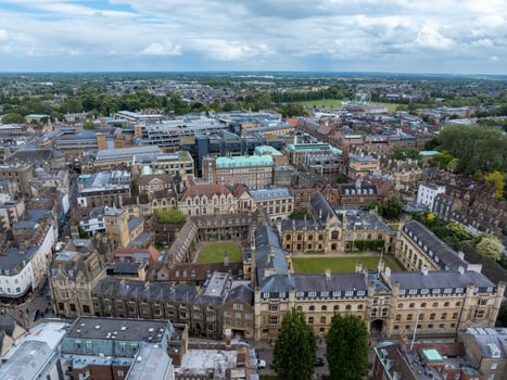 Aerial view of the old town of Cambridge. Beautiful Kings College Chapel in the center of Cambridge, Cambridgeshire, England. photo