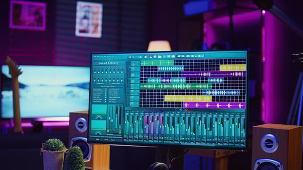 Empty home studio filled with recording and mixing instruments, electronic devices and daw software used for music production and acoustics. Modern bright space with soundboard panel. Camera AB photo
