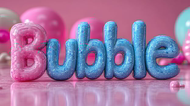 Colorful Bubble Text with Pink and Blue Letters on a Reflective Surface with Balloons in the Background photo