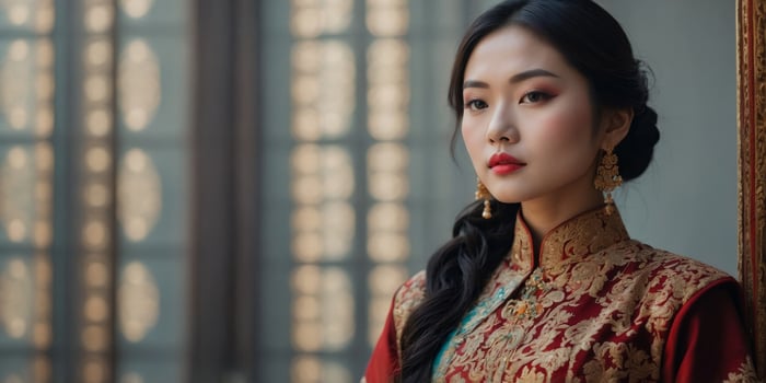 Elegant Fusion Asian Woman in Opulent Traditional Attire. photo