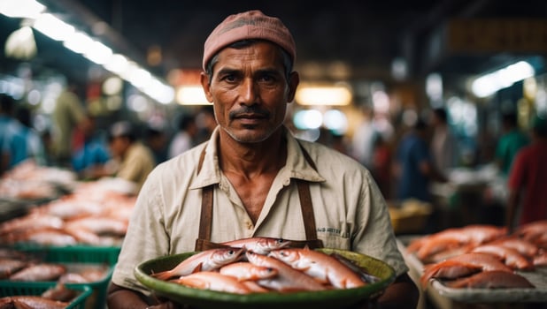 Close up fisher seller with apron holding raw fish for selling on seafood market. photo