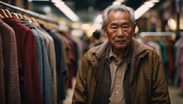 Old Asian man looking for clothes in a clothes shop. photo