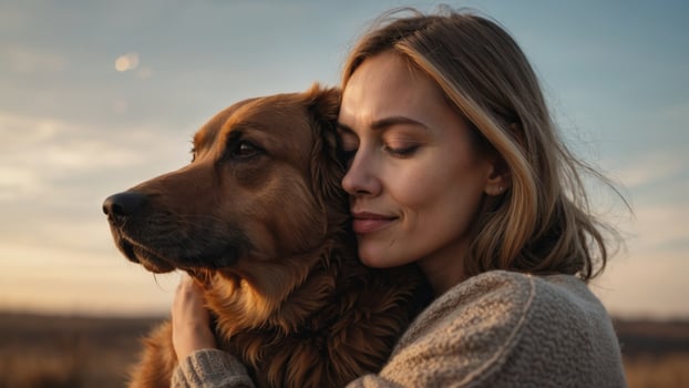 A woman embraces her loyal companion, a majestic brown dog of a specific breed, in a heartwarming display of love and connection between human and pet. photo