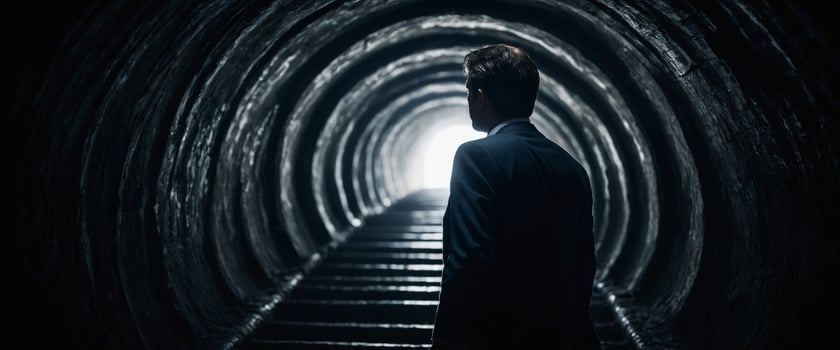 A businessman emerges from a dark tunnel into the light, signifying perseverance, breakthrough, and the journey towards success despite challenges. photo